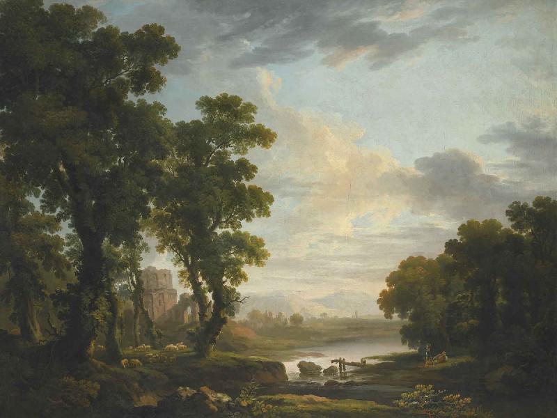 George Barret An extensive wooded river landscape with shepherds recicling in the foreground and ruins beyond Germany oil painting art